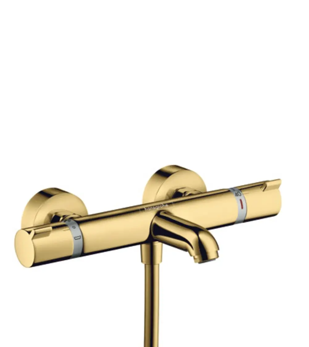 Hansgrohe Thermostat für die Badewanne in polierter Gold-Optik mit zwei Drehreglern zur Temperatureinstellung und einem Auslauf.